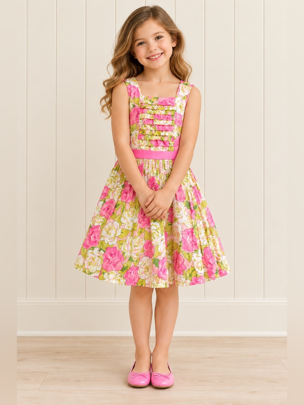 Maggie & Zoe Pink Floral Ruffled Sundress with Green Accents